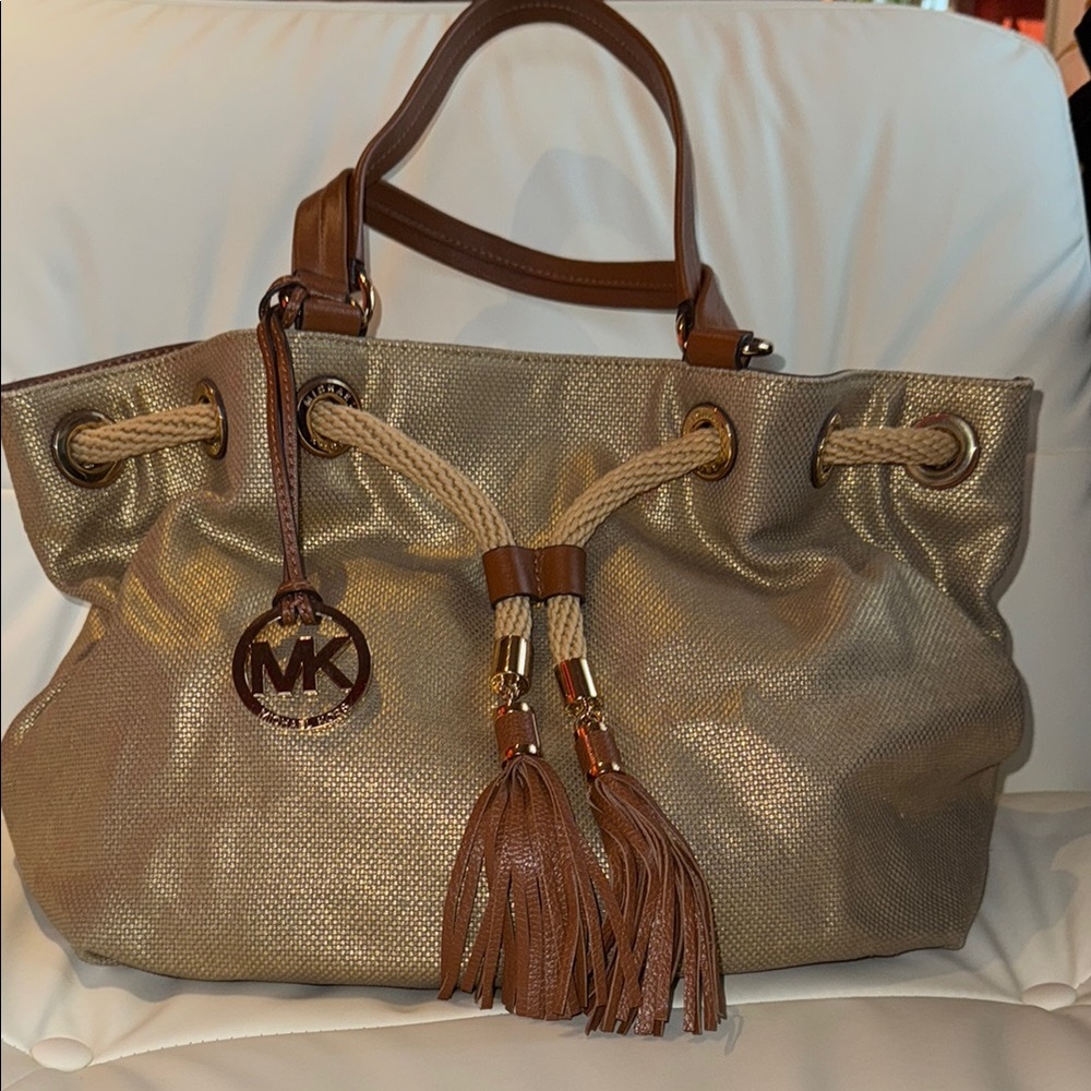 Michael Kors Gold and Brown Tote with Tassel Detail